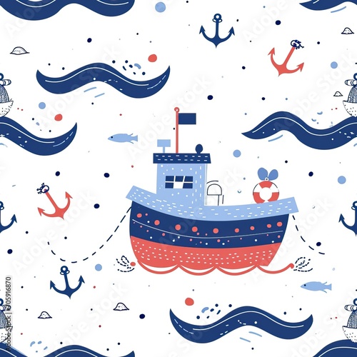 cute seamless pattern with a fishing boat with anchors and sea waves art print, in the style of emila medkova charming character illustrations, white background photo