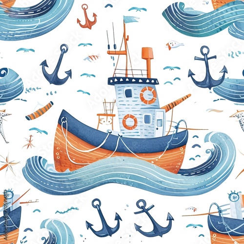 cute seamless pattern with a fishing boat with anchors and sea waves art print, in the style of emila medkova charming character illustrations, white background photo