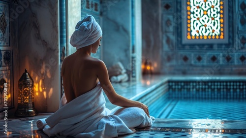 Beautiful young woman wearing a white towel sitting on a hot stone in hamam, sauna. Concept of relax, vacation, wellness center. photo