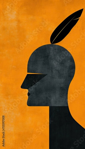 only flat vector Black head with an orange Mohican on a yellow background painted by Georgia Oâ€™Keeffe, on a gray background. photo