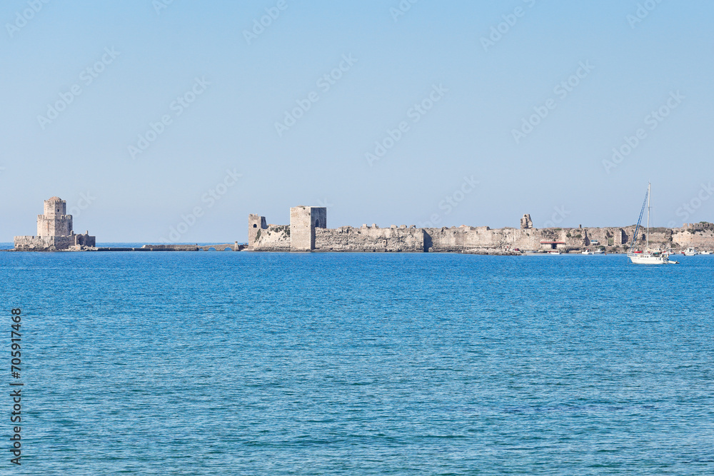 Methoni town with the castle and the Bourtzi in Messinia, Greece