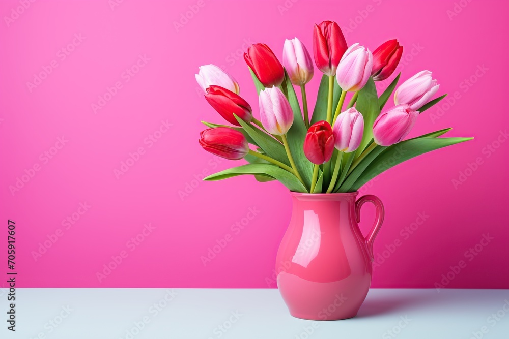 Bouquet of colorful tulips in vase on pink background Bouquet of colorful tulips in vase on pink background
