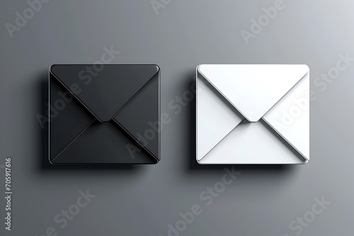 Sleek black and white email icons, metallic sheen, elegance. Contrasting stylish email envelopes, reflective surfaces, luxurious appeal. Chic black and white mail envelope symbols in monochrome photo