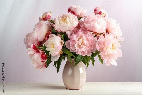 Pink peony flowers in vase on wooden table © Alina
