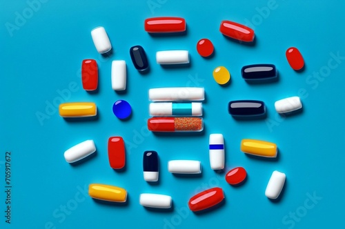 Colorful pills on blue background. Top view with copy space.