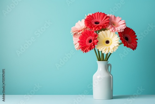 Bouquet of gerbera flower in vase on blue background photo