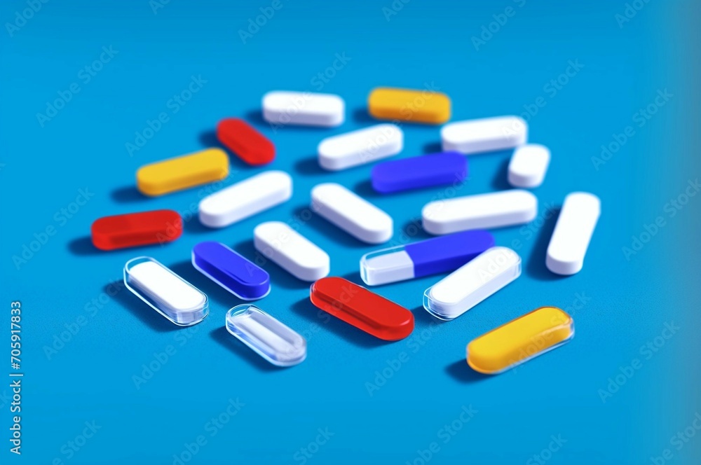 Colorful pills on blue background. Top view with copy space. Colorful pills on blue background. Top view with copy space.