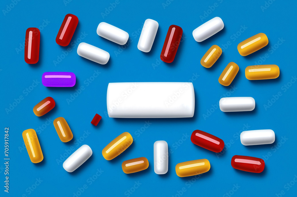 Colorful pills on blue background. Top view with copy space. Colorful pills on blue background. Top view with copy space.
