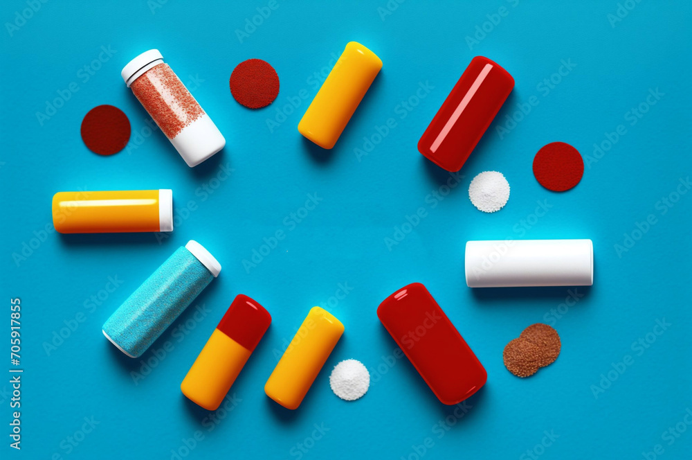 Colorful pills on blue background. Top view with copy space. Colorful pills on blue background. Top view with copy space.