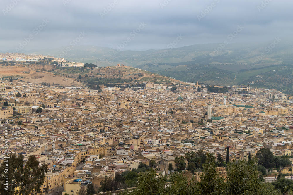 Morocco, Fes - aerial view of the city and medina of Fez, including details.