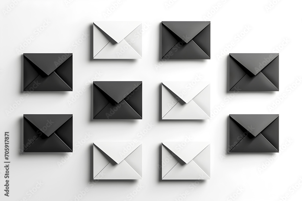 Monochrome email icon set, 3D shadow effect. Array of black and white mail envelopes, minimalist design. Collection of stylish email symbols, shadow play, clean and modern. Monochrome email icon set, 3D shadow effect. Array of black and white mail envelopes, minimalist design. Collection of stylish email symbols, shadow play, clean and modern.