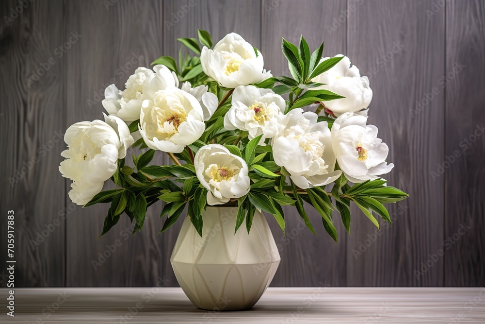 White peony flowers in vase on wooden background White peony flowers in vase on wooden background