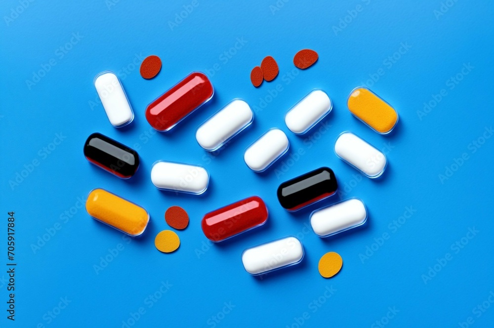 Colorful pills on blue background. Top view with copy space.