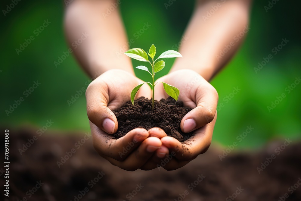 Woman holding green seedling in soil Woman holding green seedling in soil