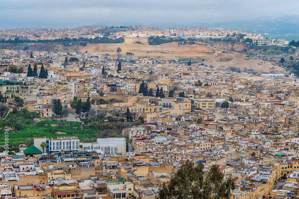Morocco, Fes - aerial view of the city and medina of Fez, including details.