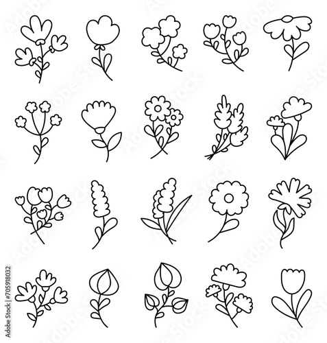 Spring flowers with leaves. Coloring Page. Botanical leaf. Hand drawn style. Vector drawing. Collection of design elements.
