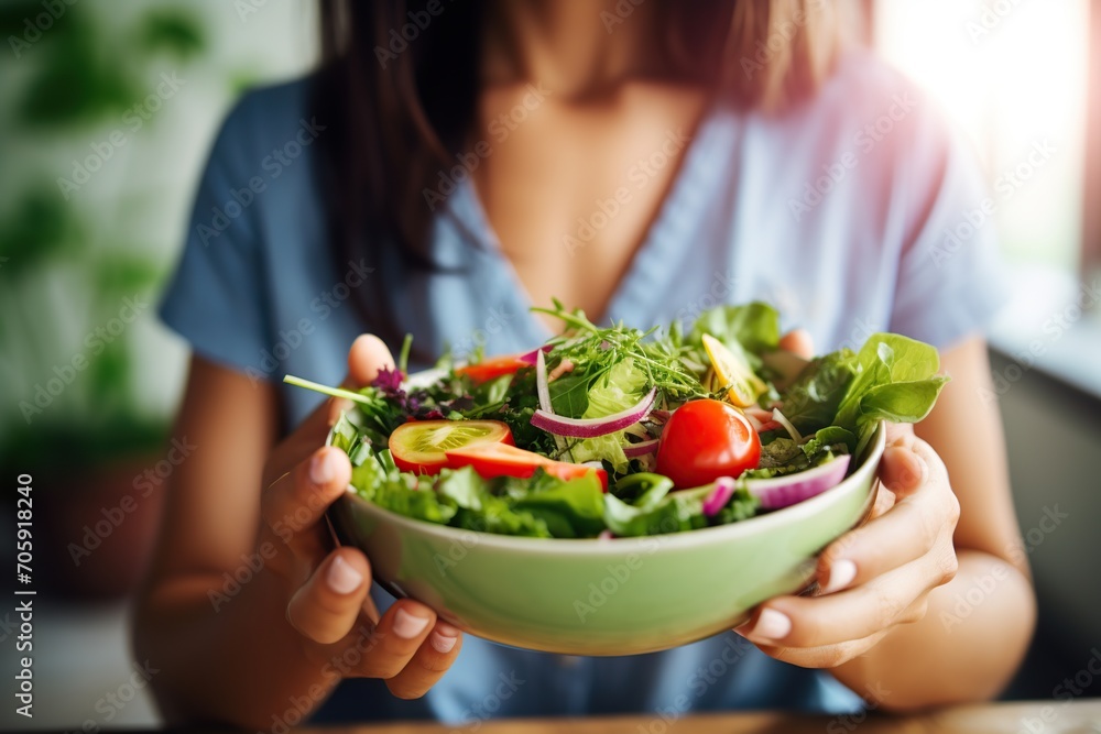 Beautiful woman eating healthy salad in the kitchen Beautiful woman eating healthy salad in the kitchen