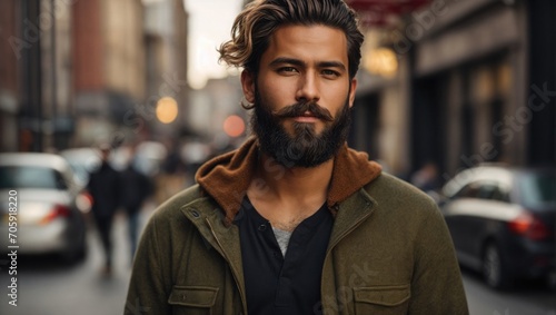 Young adult hipster with beard standing in city street.