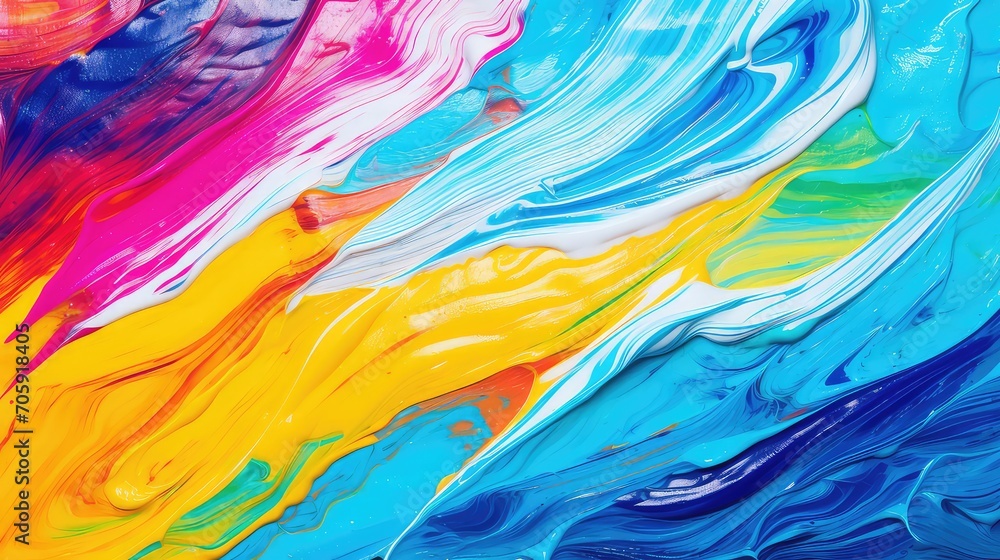 Abstract background of acrylic paint in blue, yellow, orange and pink colors