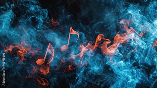 Blue and red smoke of  music notes on black isolated background. Background from the smoke of vape
