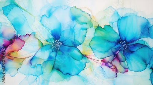 Abstract blue and turquoise watercolor background with flowers and leaves