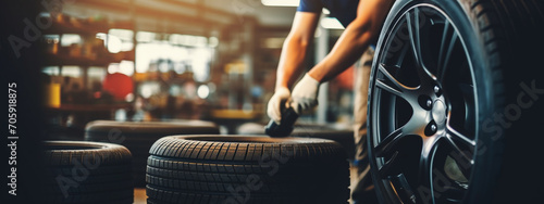 Auto mechanic balances car wheel on wheel balancing machine in garage. photo