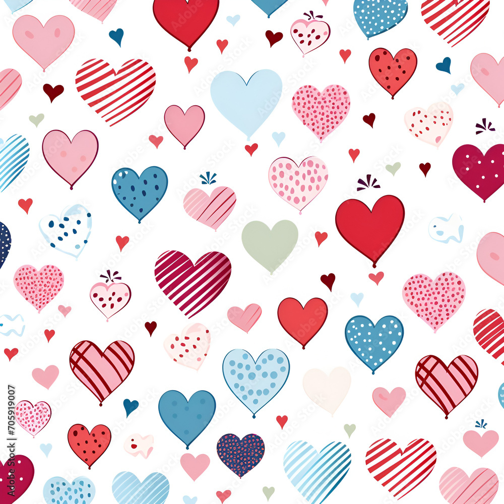 Seamless pattern with colourful hearts on site background