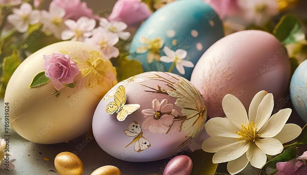 Assorted Easter Eggs in Pastel Colors with Floral and Butterfly Decorations, Spring Celebration Display