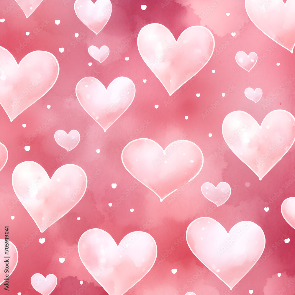 Seamless pattern with white watercolor hearts on pink background