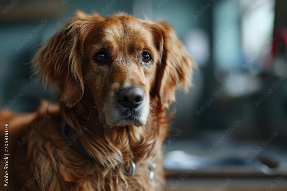 At a contemporary vet clinic, a Golden Retriever standing on the examination table