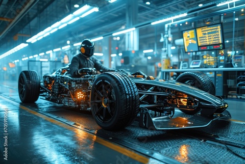 An engineer utilizes a tablet while working on the chassis platform of an electric car