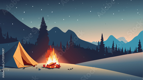 Winter Campsite Vector Landscape: A Warm and Cozy Evening by the Mountains with a Tent, Campfire, and Snow © Karlicia