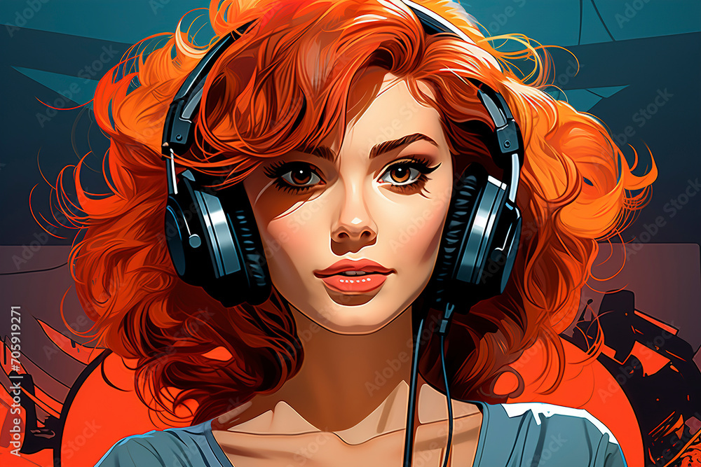 Beautiful young woman in headphones, Retro pop art style illustration of woman in headphones, illustration painting, Attractive woman wearing large headphones listening to music.