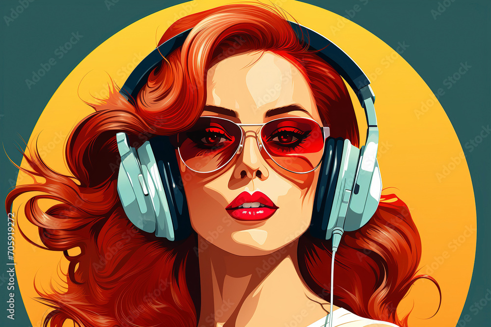 Beautiful young woman in headphones, Retro pop art style illustration of woman in headphones, illustration painting, Attractive woman wearing large headphones listening to music.