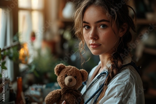 In a well-lit medical office, a cinematic portrayal of an attractive female pediatrician holding a teddy bear