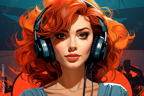 Obraz na płótnie Beautiful young woman in headphones, Retro pop art style illustration of woman in headphones, illustration painting, Attractive woman wearing large headphones listening to music. w salonie