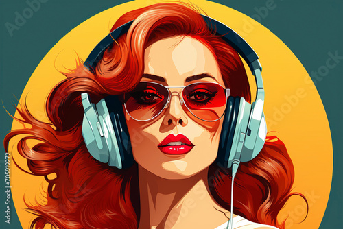 Obraz na płótnie Beautiful young woman in headphones, Retro pop art style illustration of woman in headphones, illustration painting, Attractive woman wearing large headphones listening to music. w salonie