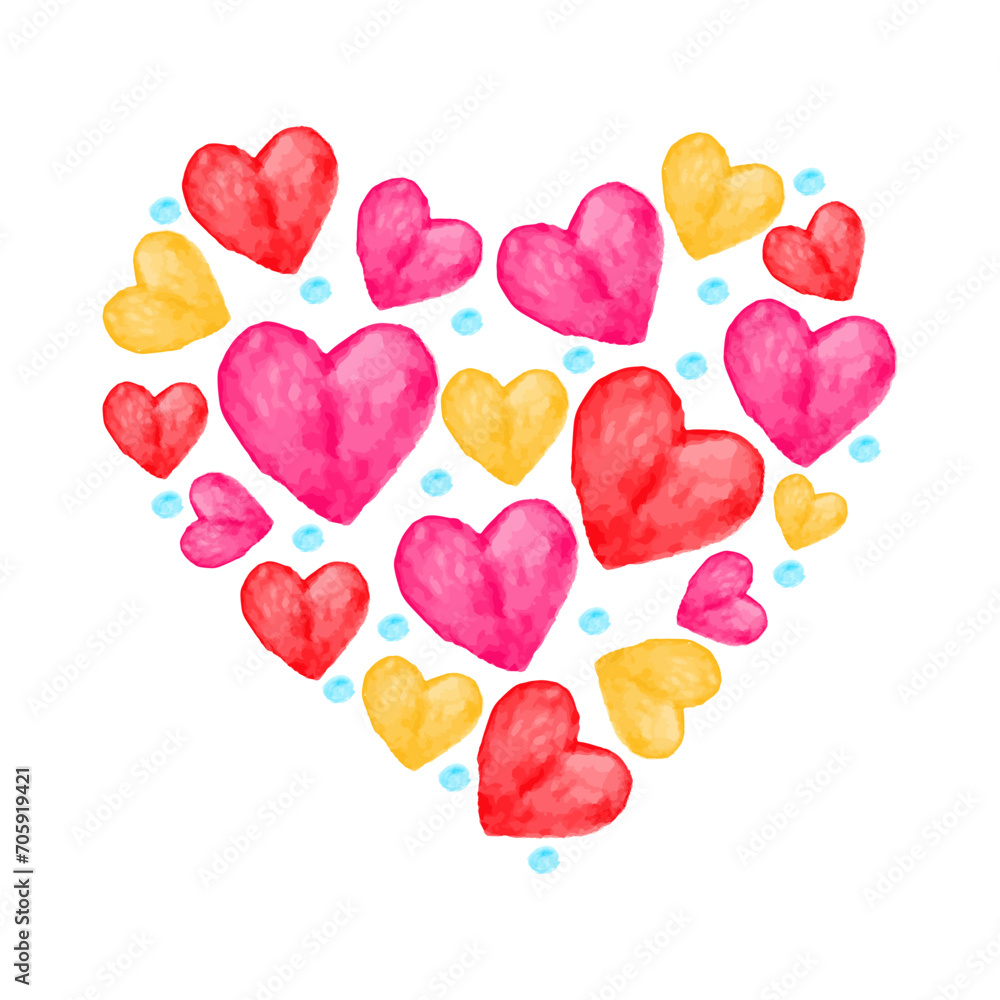 Red, pink and yellow watercolor heart composition with hand drawn vector illustration for card or invite, scrapbook or cover. Cute vector background for Valentines day decoration. Red, pink and yellow watercolor heart composition with hand drawn vector illustration for card or invite, scrapbook or cover. Cute vector background for Valentines day decoration.