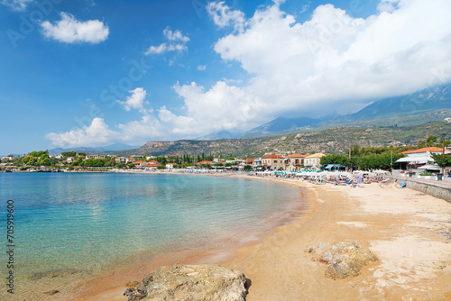 The beach and the village Stoupa in Mani, Greece