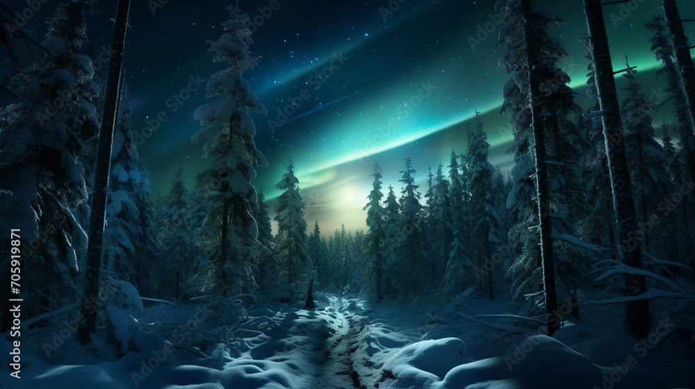 Obraz premium winter pine forest scene with Northern lights, AI Generative.