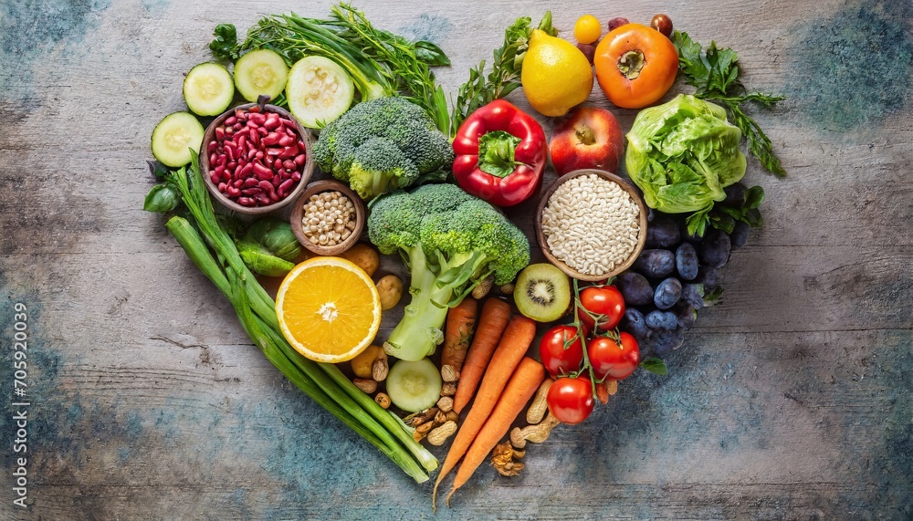 Vegetarian concept from vegetables, fruits and plant based protein food forms a heart-shaped Vegetarian concept from vegetables, fruits and plant based protein food forms a heart-shaped