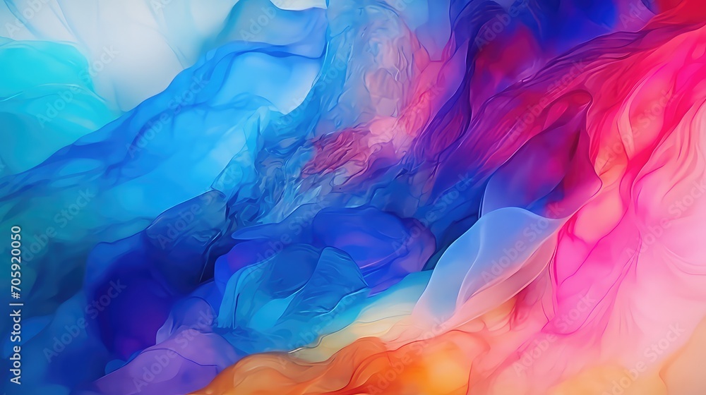 Abstract background of acrylic paints in blue, pink and red colors.