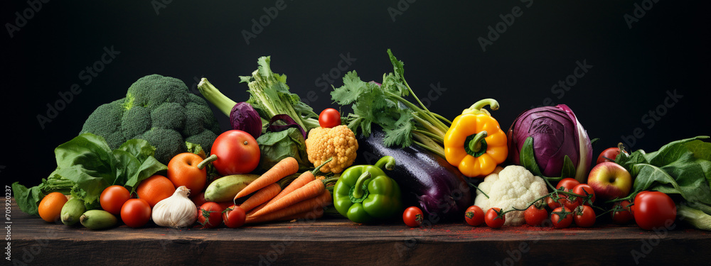 Fresh organic vegetables on a dark background. A healthy diet.Generative AI Fresh organic vegetables on a dark background. A healthy diet.Generative AI