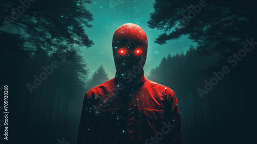 Person in the night wearing a mask with shining red eyes