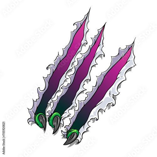 Claws dragon , dinosaur, monster tearing and scratching paper, metal, plastic backgrounds. Vector art illustration.