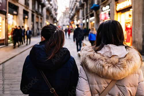 Two women walking along a busy shopping street in Barcelona, seen from behind. Concept of buying clothes and gifts.