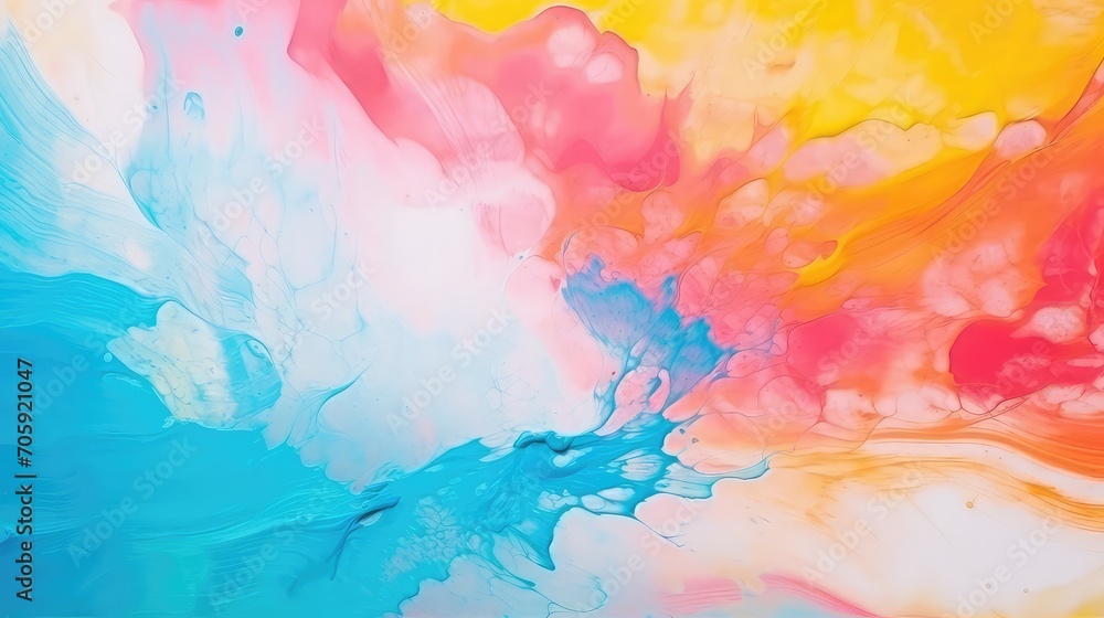 Abstract background of acrylic paint in blue, pink and yellow colors.