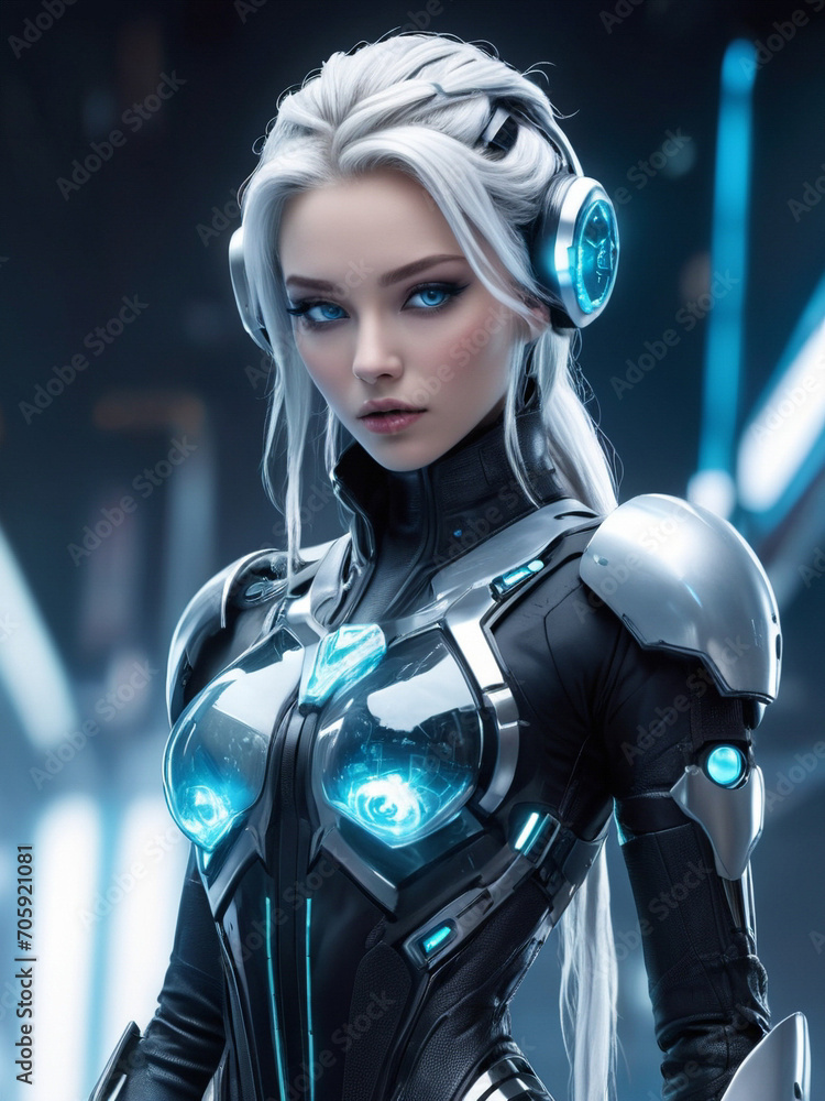 Naklejka premium photography of a Sexy Ice Princess in a high-tech suit, futuristic cyberpunk style. ai generative