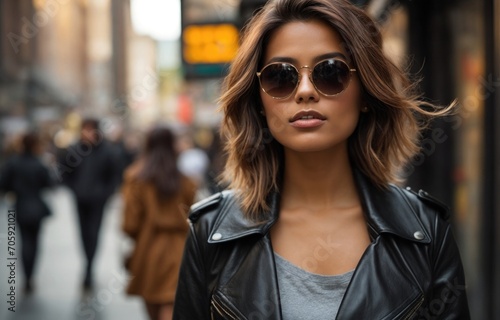 Fashionable Woman in a Modern City Wearing Sunglasses and a Leather Jacket