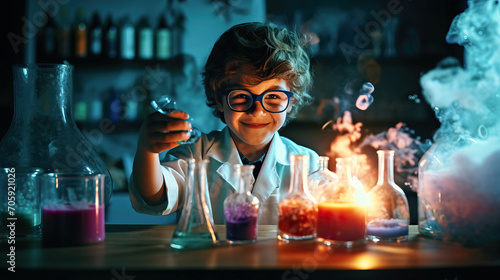 Kid as a Little Scientist. Little scientist experimenting with chemical reactions in his laboratory